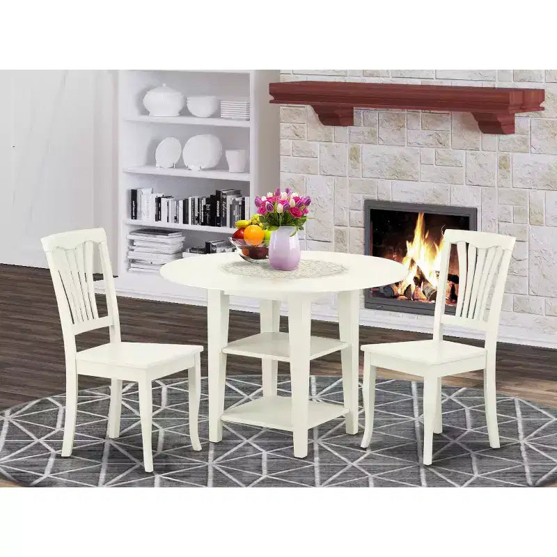 Round Drop Leaf Dining Set - 3pc Table & Chair Set - Linen White Finish - Modern Kitchen Dining Room Furniture