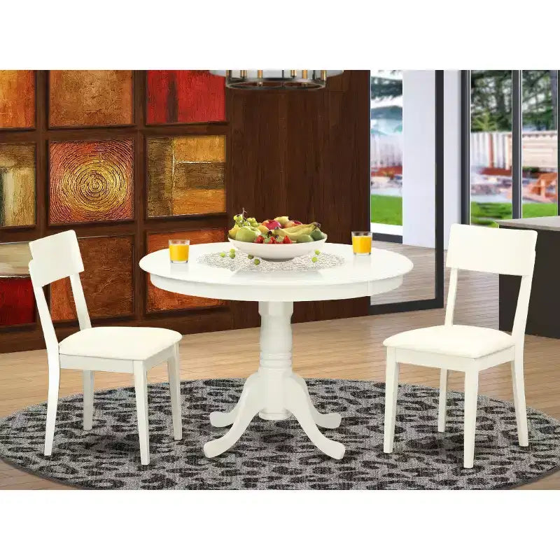 Esszimmer-Set im Mid-Century-Stil - 3-teiliges Tisch- und Stuhlset - Finish in Leinenweiß - runder Esszimmertisch