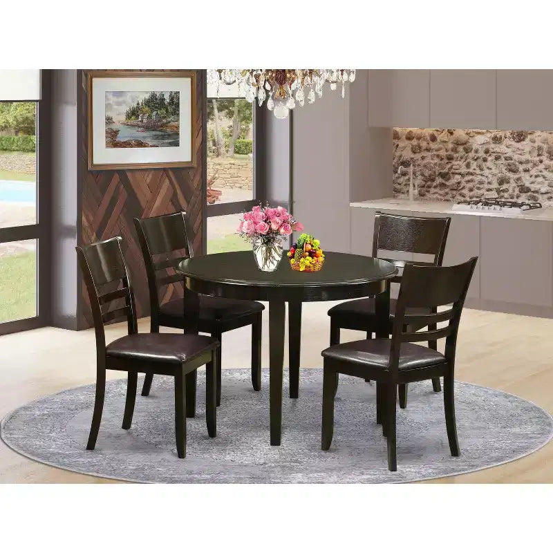 HomeStock 5-delige ronde eettafel met massief houten blad in cappuccino-afwerking en 4 stoelen
