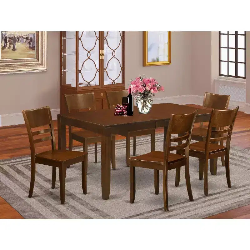Rechteckiges Esszimmerset - 7-teiliges Tisch- und Stuhlset - Espresso-Finish - Ausziehbarer Tisch mit Einlegeplatte - Esszimmerstühle aus Holz