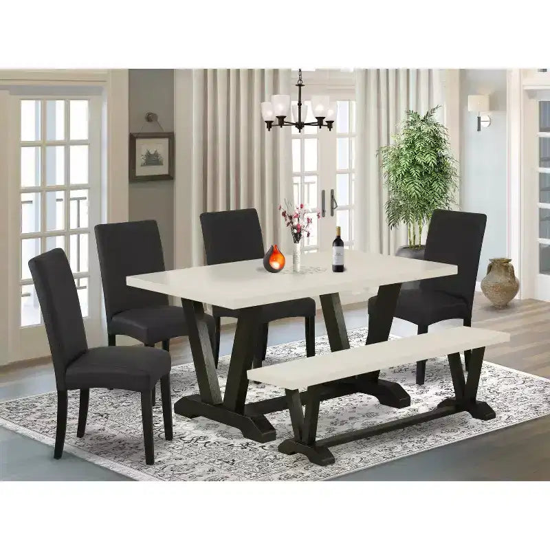 Eettafel met tafelblad van massief hout in natuurlijke eikenafwerking, 6-delig, met 1 bank en 4 stoelen