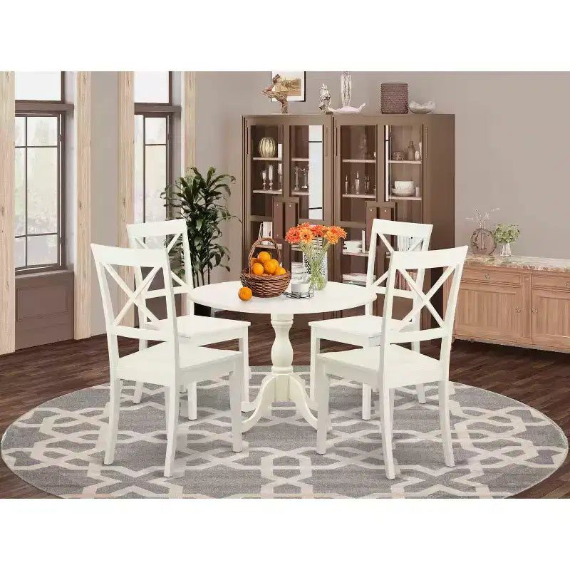 HomeStock 5-teiliges Esszimmertisch-Set mit Leinenweiß-Oberfläche, Massivholzplatte, 4 Stühlen, ausziehbarer Tischplatte und Gitterlehne