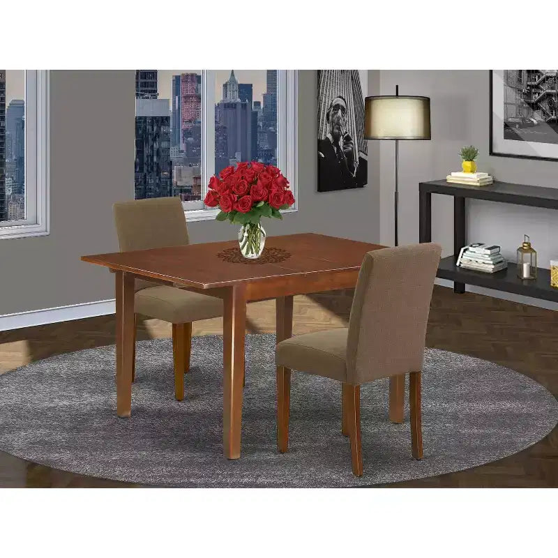 Rechthoekige eetset - 3-delig, met tafel en 2 stoelen - tafel van 42 inch met vlinderinlegblad - linnen bekleding en mahoniehouten poten