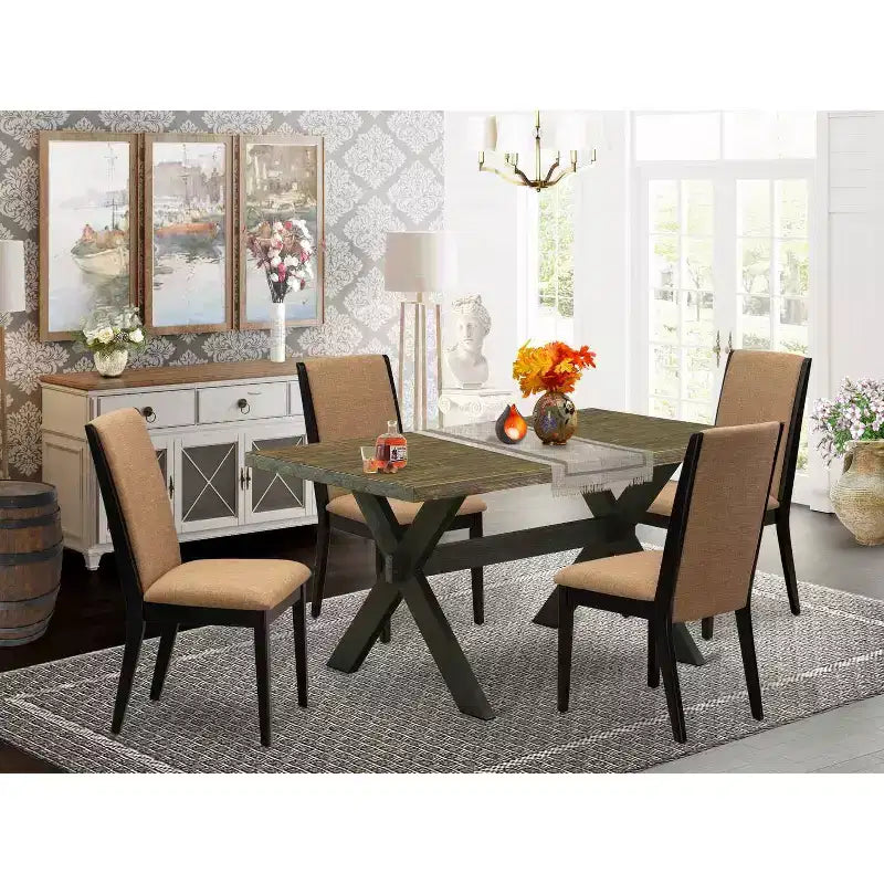 HomeStock 5-teiliges rechteckiges Esszimmer-Set mit Massivholzplatte in Used-Jacobean-Finish und 4 Stühlen