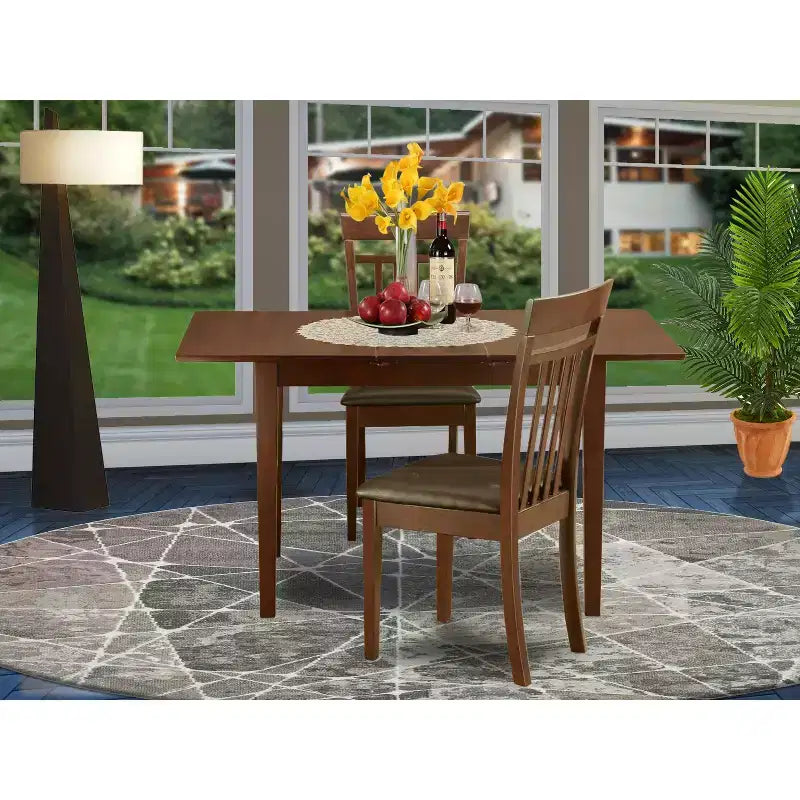 Dining Room Set 3pc Table w/ Butterfly Leaf & 2 Faux Leather Chairs - 32x54 Inch Mahogany