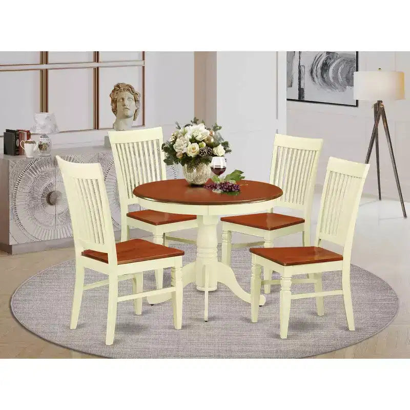 Rustikale Essgruppe, 5-teilig - Küchentisch und 4 Stühle - Runder Tisch mit Holzsitzen - Landhausstil