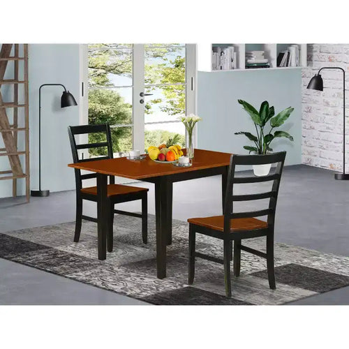 Set da pranzo da 3 pezzi, nero e finitura ciliegio, piano in legno massello, con tavolo quadrato e sedie dallo schienale a scala