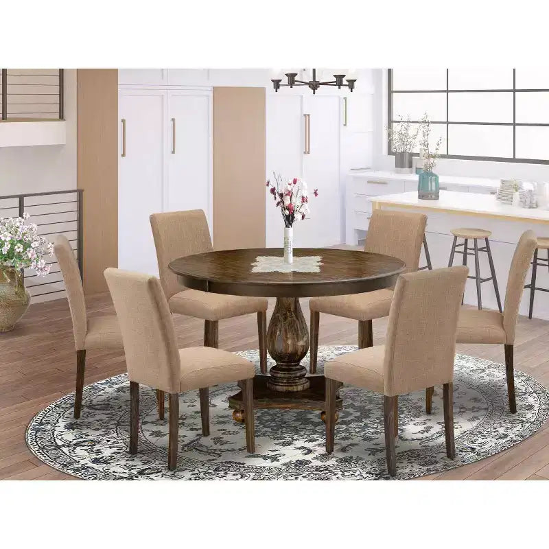 HomeStock Tavolo da pranzo in legno massello con finitura Jacobean anticato e 6 sedie, 7 pezzi