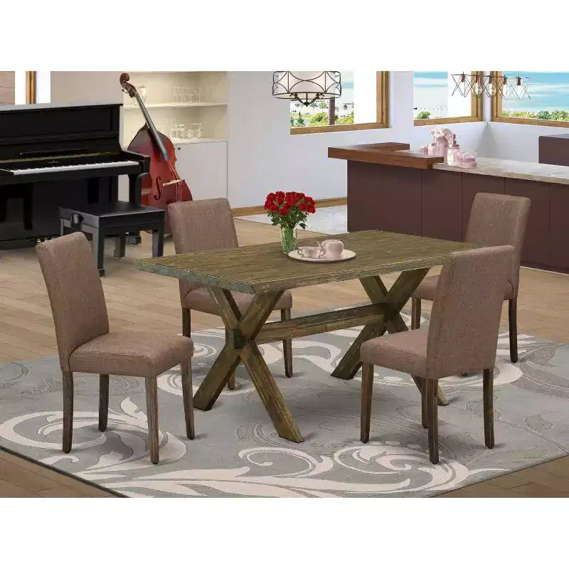HomeStock Essgruppe, 5-teilig, rechteckig, Used-Jacobean-Finish, Tischplatte aus Massivholz mit 4 gepolsterten Stühlen