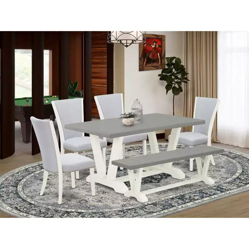 HomeStock 6-teiliges Esszimmerset mit Tischplatte aus Massivholz in natürlichem Eichen-Finish, 1 Bank und 4 Stühlen
