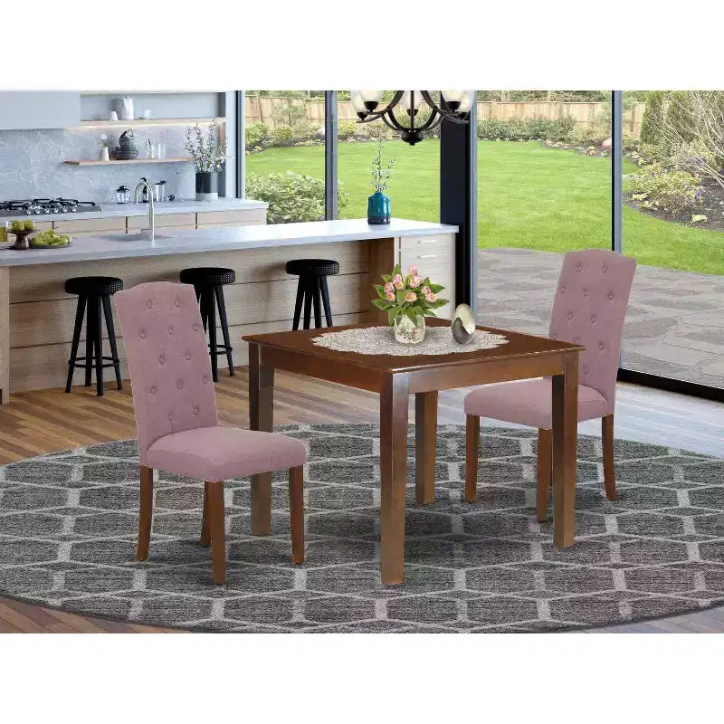 Set da pranzo da 3 pezzi - tavolo quadrato da cucina e 2 sedie Parsons - finitura mogano