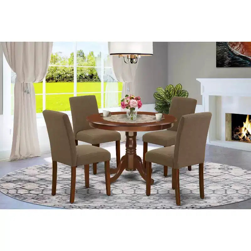 Rundes Esszimmer-Set, 5-teilig - Küchentisch und Stühle - modernes Esszimmer-Set - kaffeefarbener Leinenstoff - elegantes Design