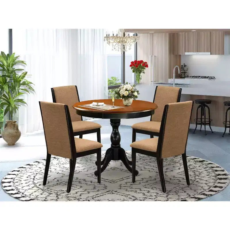 HomeStock 5-teiliges Esszimmertisch-Set mit runder Tischplatte aus Massivholz in Schwarz-Kirsch-Finish und 4 gepolsterten Stühlen