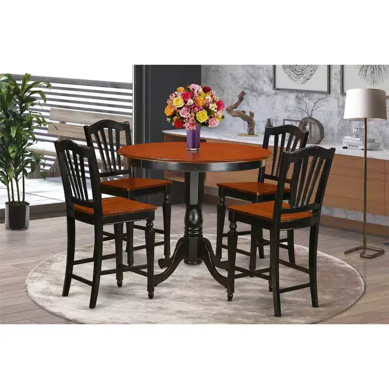 Thekenhohes Pub-Set - 5-teiliges Tisch- und Stuhl-Set - Küchen- und Esszimmer-Set - 42 Inch runder Tisch - Oberfläche in Schwarz und Kirschbaum