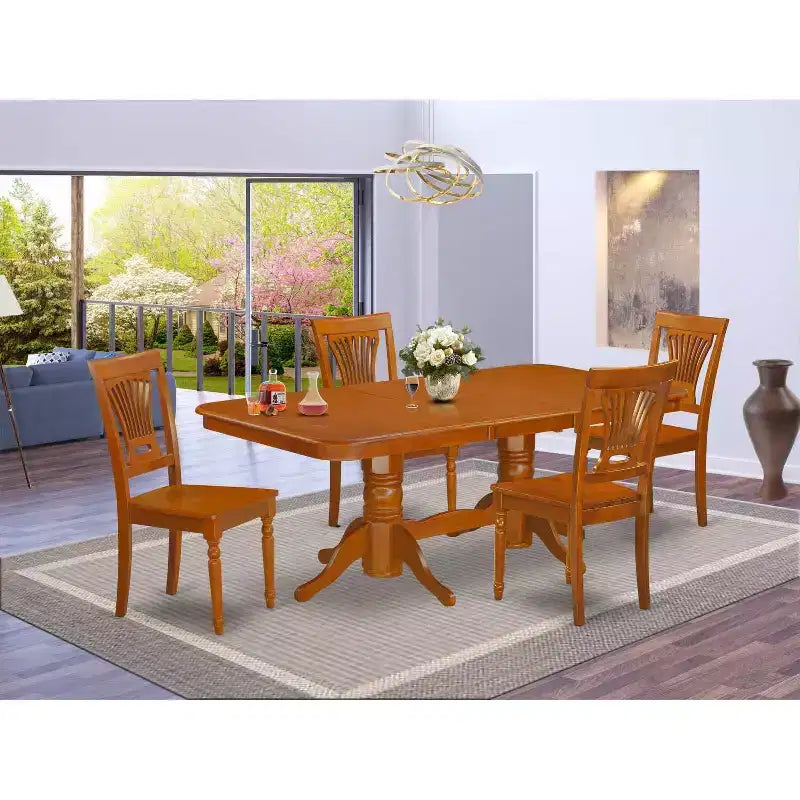 Rustikales Esszimmertisch-Set, 5-teilig - Küchentisch mit Stühlen, Verlängerungsplatte, sattelbraunes Finish
