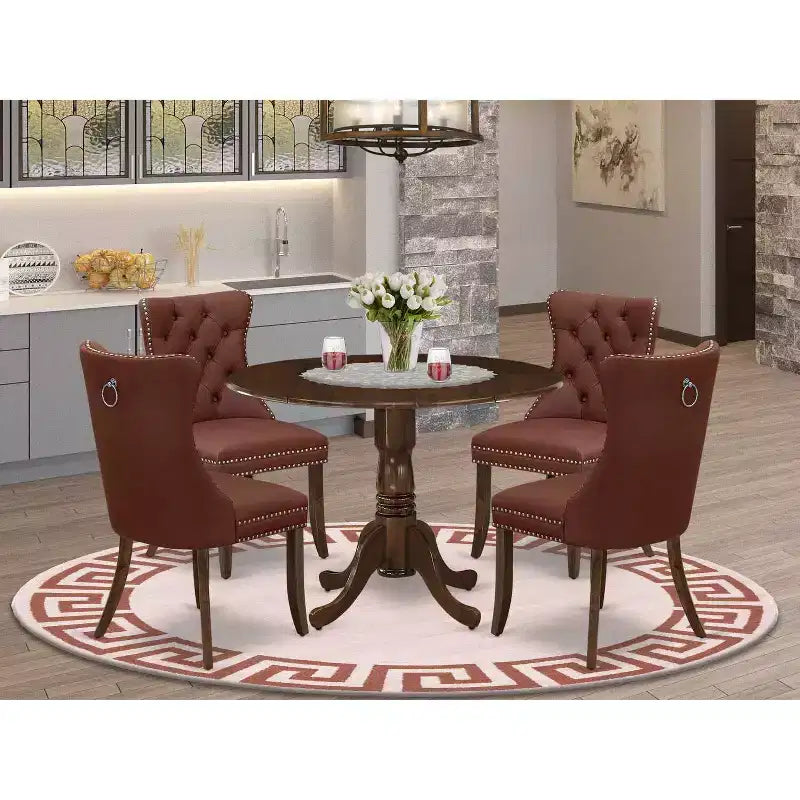 Set da cucina da 5 pezzi - tavolo rotondo con piano a ribalta e 4 sedie - finitura moderna color noce
