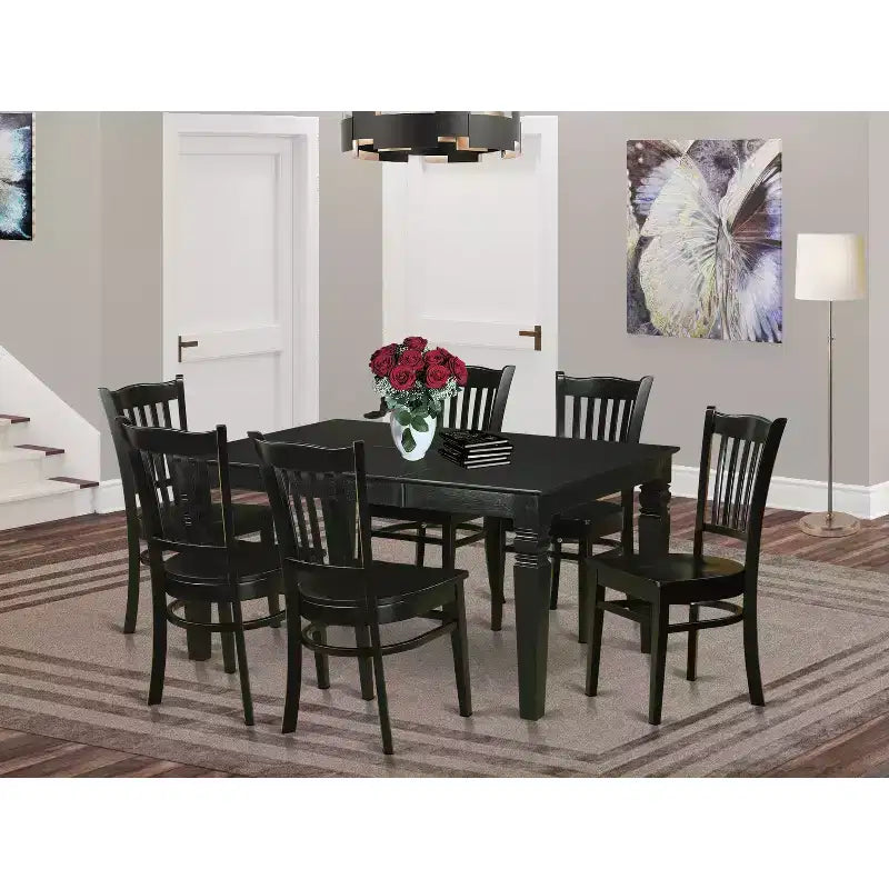 HomeStock 7-teiliges rechteckiges Esszimmer-Set in Schwarz aus Massivholz mit Tischplatte und 6 Stühlen
