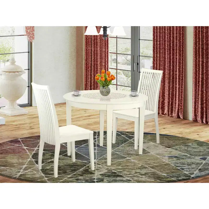 Set da cucina in 3 pezzi con tavolo da pranzo rotondo e sedie, bianco lino, HomeStock