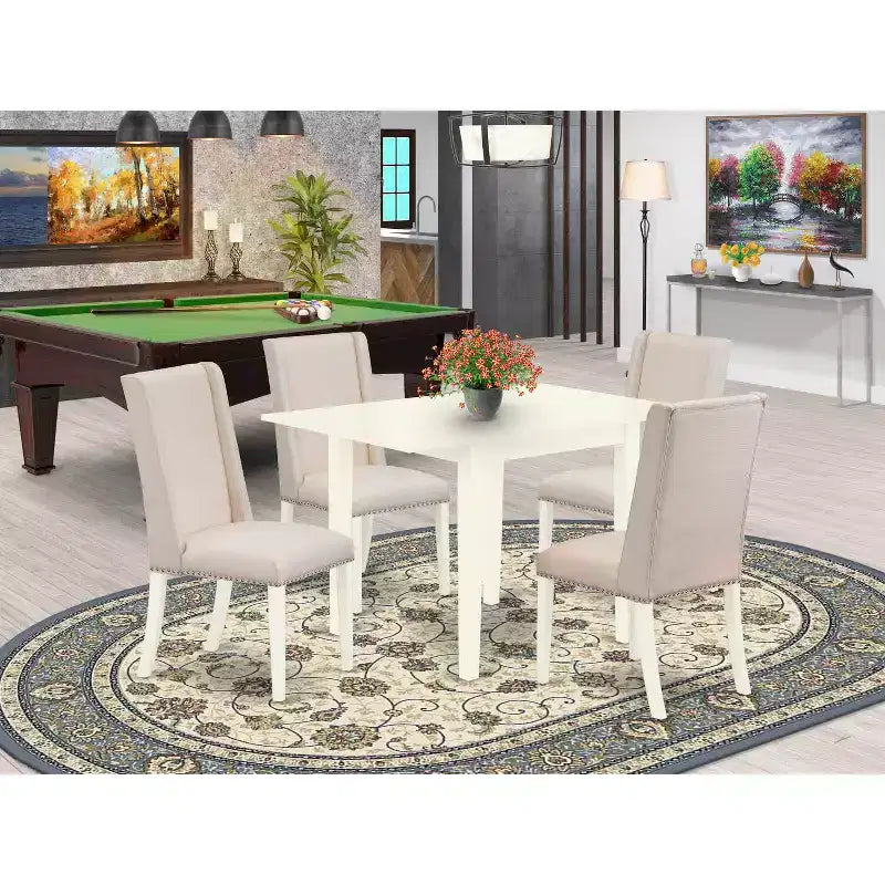 HomeStock 5-teiliges Esstischset mit Leinenweiß-Finish, Tischplatte aus Massivholz, 4 Parsons-Stühlen und Ausziehplatte