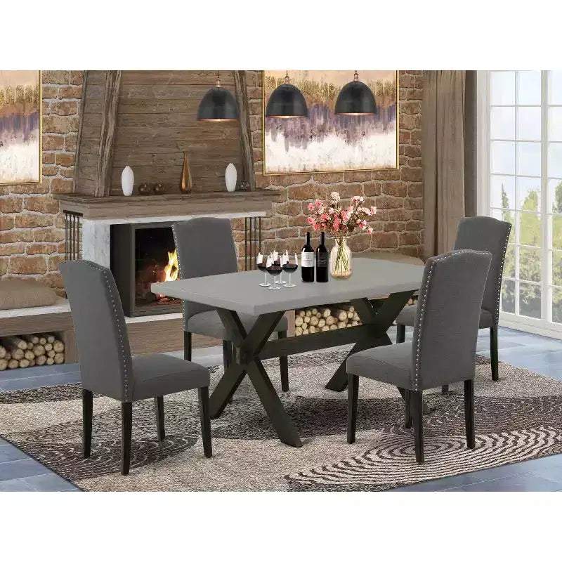 5-teiliges rechteckiges Esstisch-Set mit Tischplatte aus massivem Holz in natürlichem Eichen-Finish und 4 Stühlen mit