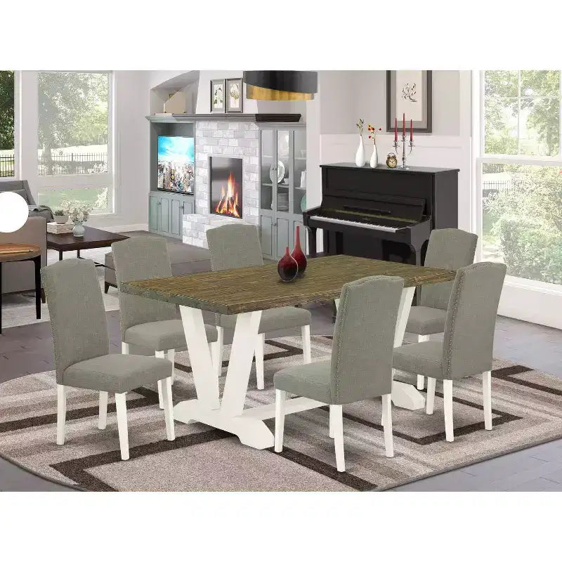 7-teiliges Esszimmer-Set im Used-Look mit Jacobean-Finish, Tischplatte aus Massivholz und 6 Stühlen