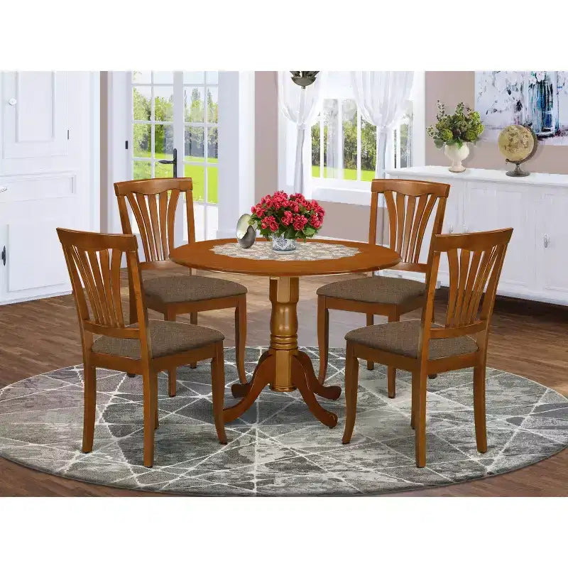 HomeStock 5-teiliges rundes Esszimmer-Set mit Saddle-Brown-Finish, Tischplatte aus Massivholz und 4 Stühlen