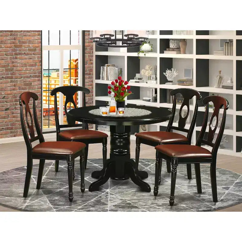 Moderne 5-delige eetset - ronde tafel en 4 keukenstoelen - zwarte afwerking - HomeStock