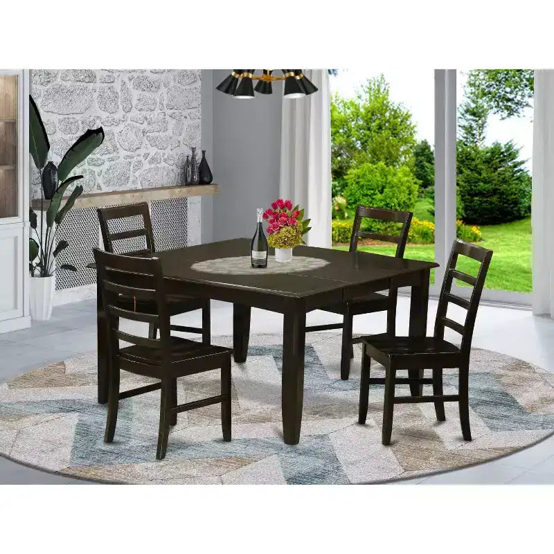 HomeStock 5-teiliges quadratisches Esszimmer-Set mit Cappuccino-Finish, Tischplatte aus Massivholz und 4 Stühlen
