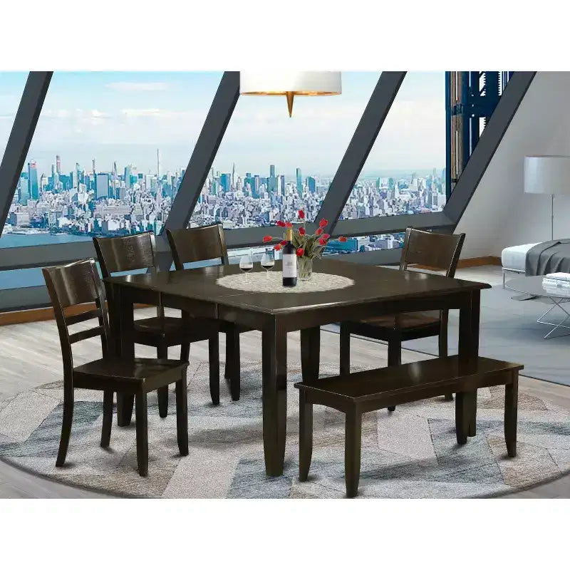 HomeStock 6-Piece Square Cappuccino Finish Solid Wood Top dining Table with 1-Bench and 4-Chairs