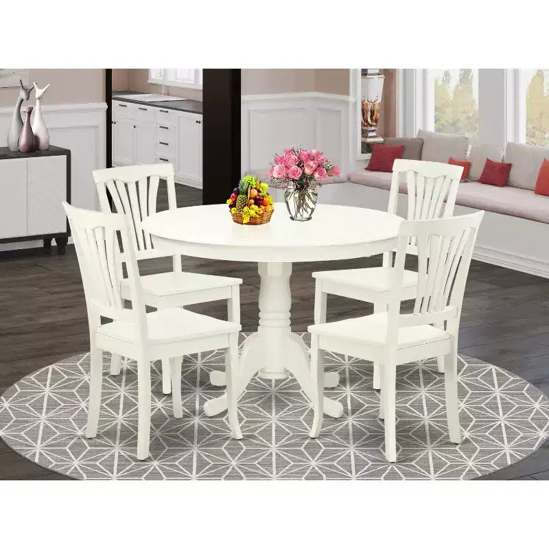 Ronde eetset - 5-delige keukentafel met 4 stoelen - linnenwitte finish