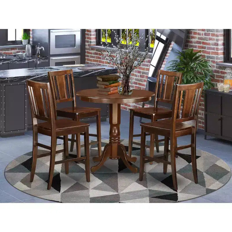 HomeStock 5-teiliges Esszimmer-Set: runder Tisch mit Tischplatte aus Massivholz in Mahagoni-Ausführung und 4 Stühle