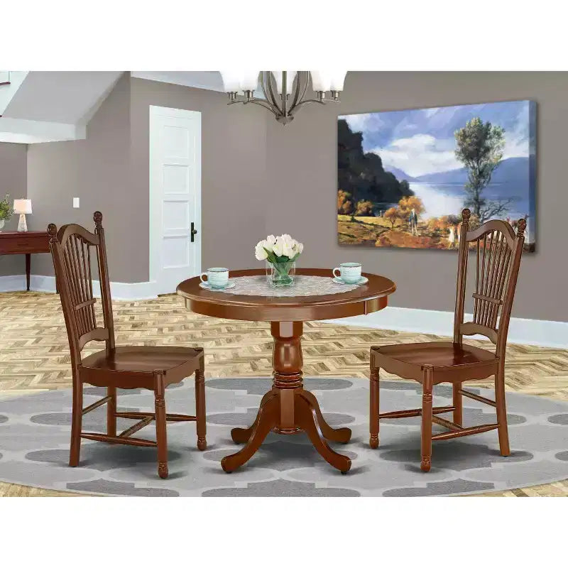Esstisch-Set im französischen Landhausstil, 3-teilig, Tisch und Stühle - runder Holztisch mit 36 Inch Durchmesser und 2 Sitzplätzen