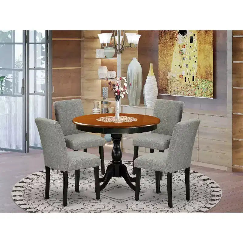 HomeStock 5-teiliges Esszimmertisch-Set in Schwarz und Kirschbaum mit Tischplatte aus Massivholz und 4 Parsons-Stühlen