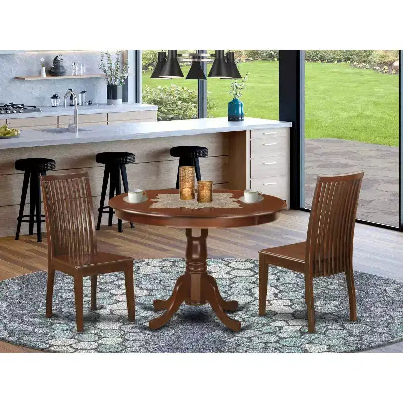 Retro Dinette Set - 3 Piece Table & Chair Set - Round Table - Wood Seat - Mahogany Finish