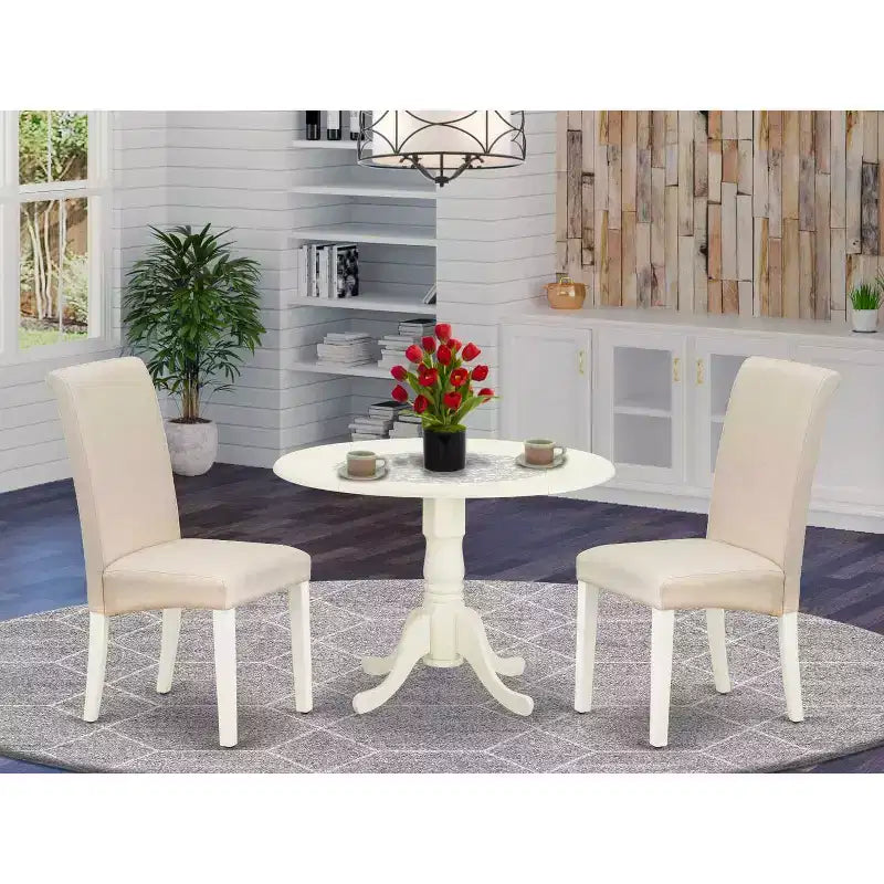 HomeStock 3-teiliges rundes Esszimmer-Set mit Tischplatte aus Massivholz in Buttermilch- und Kirschfinish, 2 Parsons-Stühlen und Klappplatte