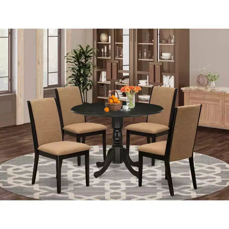 HomeStock 5-Piece Round Wirebrushed Black Finish Solid Wood Top Dining table with 4 Chairs