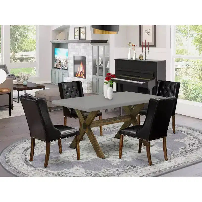 HomeStock 5-teiliges Esszimmertisch-Set mit massiver Holzplatte in verwittertem Jacobean-Finish und 4 Parson-Stühlen