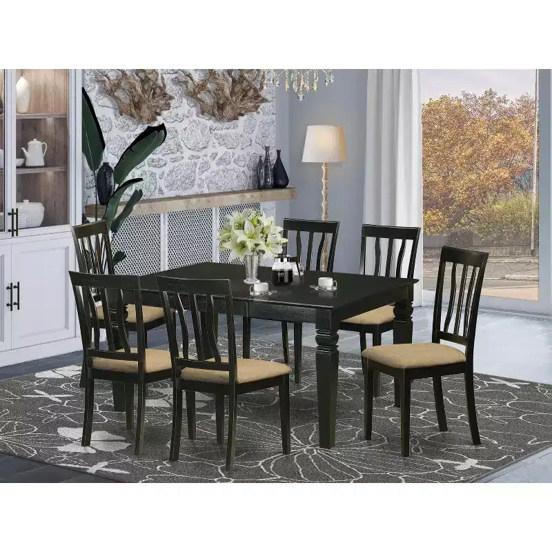 Set da pranzo moderno da 7 pezzi - Tavolo rettangolare con allunga e 6 sedie in tessuto - Finitura nera