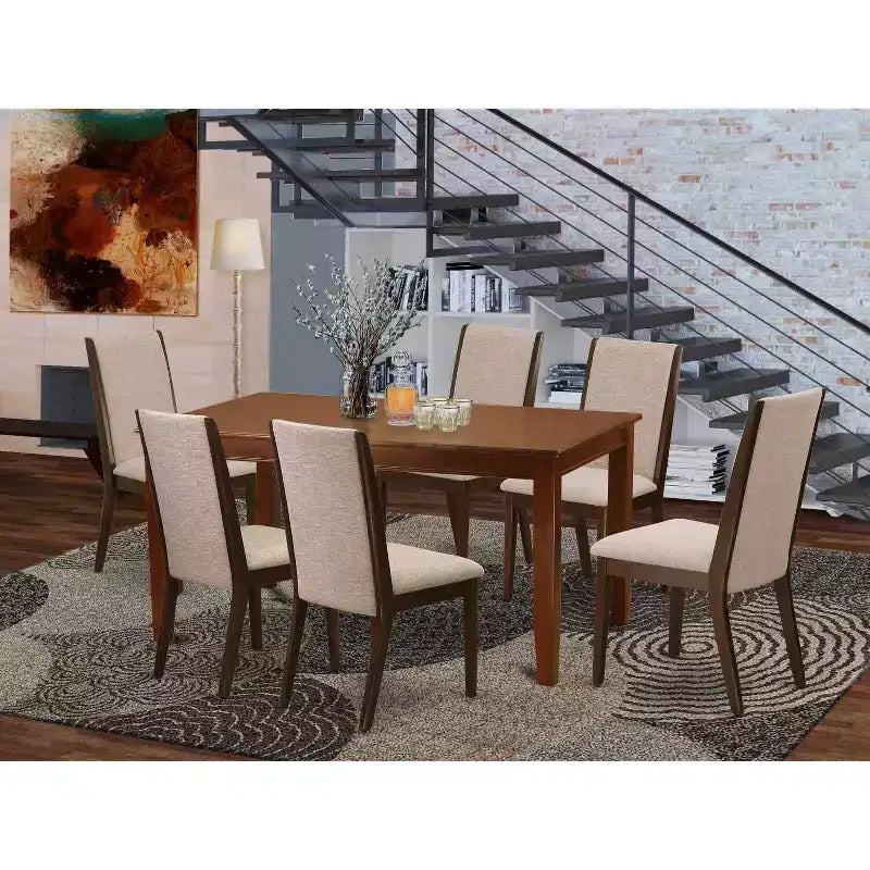 HomeStock 7-delige rechthoekige eettafel met mahoniehouten afwerking, massief houten blad en 6 Parson-stoelen