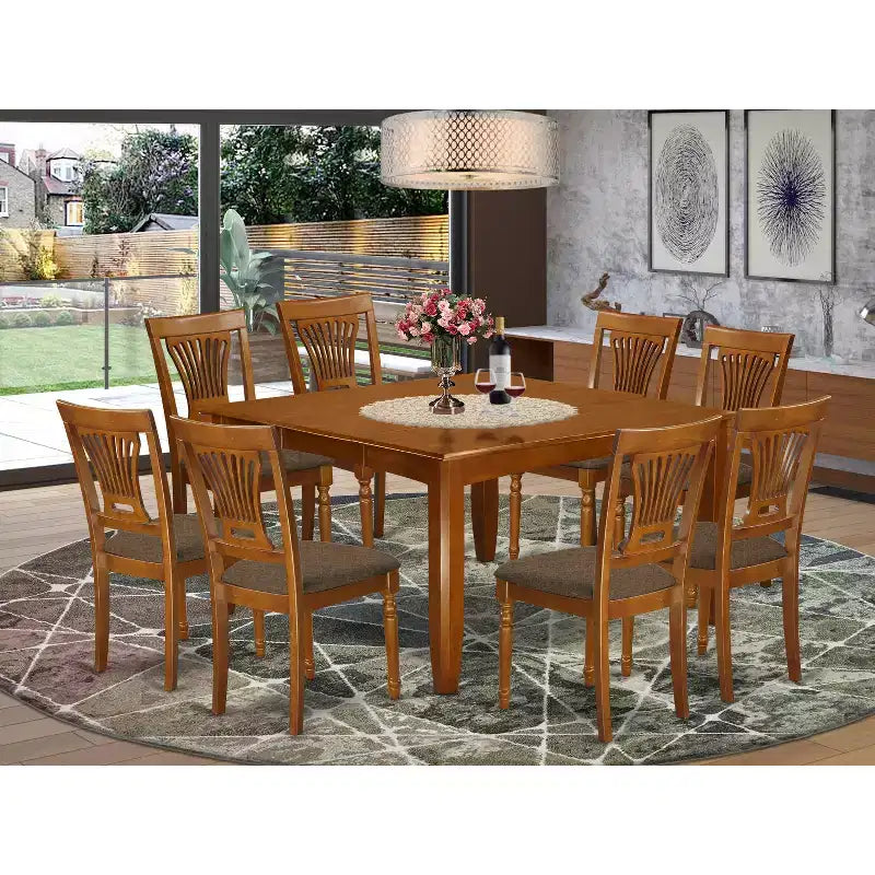 HomeStock 9-teiliges quadratisches Esszimmertisch-Set in Sattelbraun mit Tischplatte aus Massivholz und 8 Stühlen