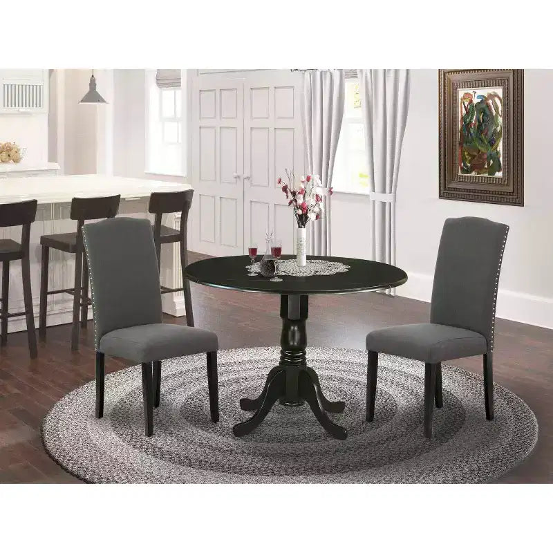 HomeStock 3-teiliges rundes Esszimmertischset mit Massivholzplatte in schwarzem Finish, 2 Parson-Stühlen und Klappblatt