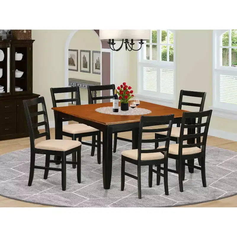 HomeStock 7-teiliges quadratisches Esszimmer-Set mit schwarzem Kirschholz-Finish, Tischplatte aus Massivholz und 6 Stühlen
