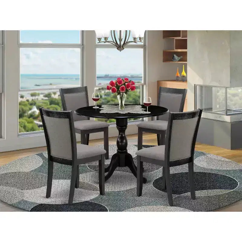 HomeStock 5-Piece Natural Oak Finish Solid Wood Top Dining Table with 4 Upholstered Chairs with Drop Leaf Lattice Back