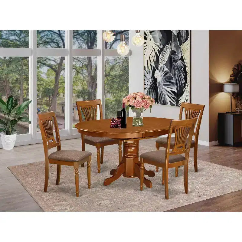 Set da pranzo da 5 pezzi con piano in legno massello, finitura marrone sella, tavolo ovale e 4 sedie