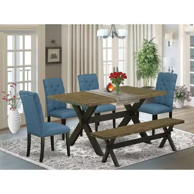 6-teiliges rechteckiges Esszimmertisch-Set mit Tischplatte aus Massivholz im Used-Look mit Jacobean-Finish, 1 Sitzbank und 4 Stühlen