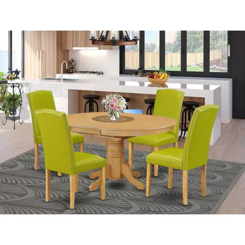 Ovales Esszimmertisch-Set, 5-teilig, Tisch 42-60 mit Butterfly-Einlegeplatte und 4 Parsons-Stühlen - Herbstgrün