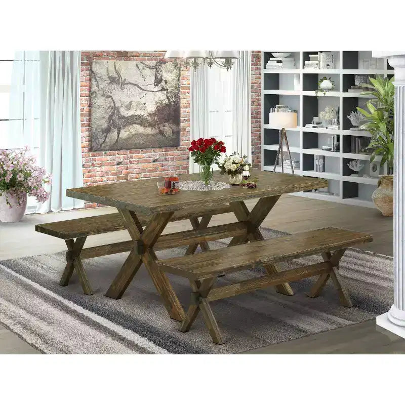 HomeStock 3-teiliges rechteckiges Esszimmertisch-Set aus Massivholz mit Antik-Jacobean-Oberfläche und 2 Bänken