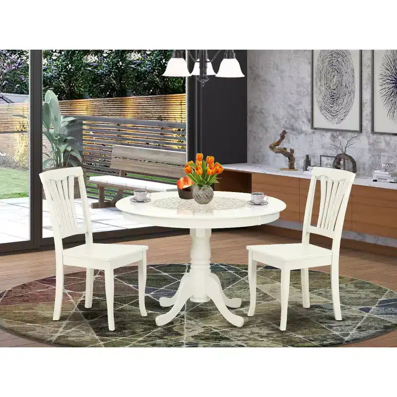 Rundes Esszimmertisch-Set - 42-Zoll-Tisch mit 2 modernen Stühlen - Leinenweiß-Finish