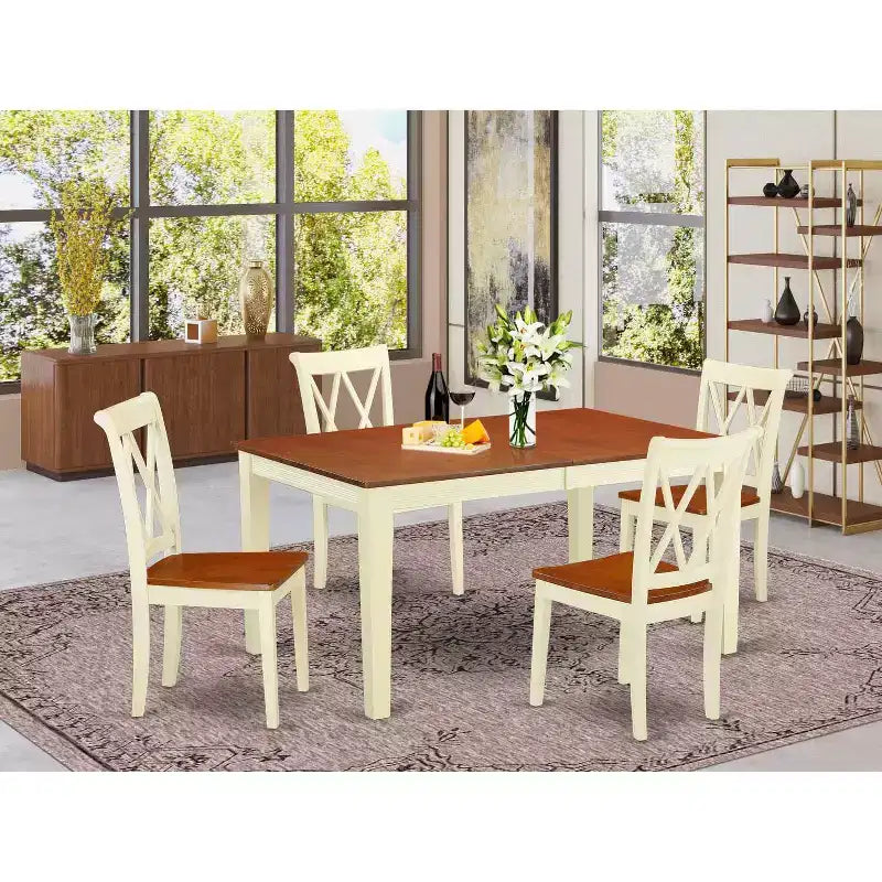 Rechthoekige eetkamerset van 54x66 inch met tussenstuk en 4 stoelen met dubbele X-rugleuning - HomeStock