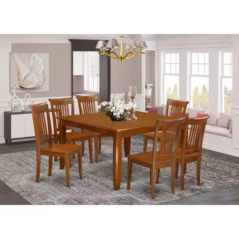 HomeStock Set da pranzo quadrato da 7 pezzi con piano in legno massello e finitura marrone sella e 6 sedie